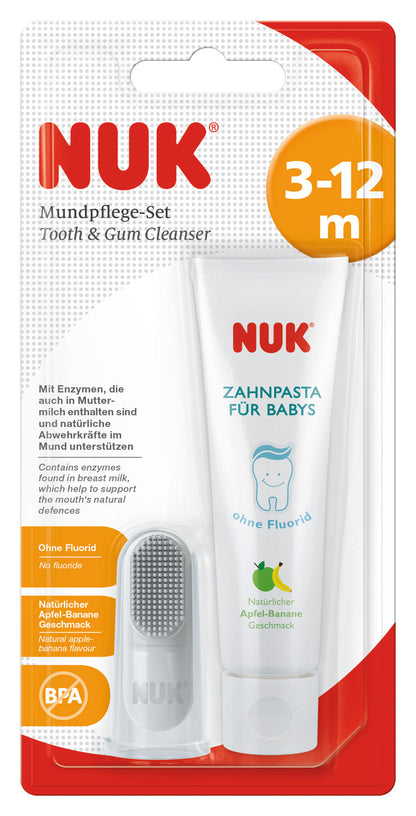 NUK Mundpflege-Set – Baby-Zahnpasta mit Apfel-Banane Geschmack + Fingerzahnbürste
